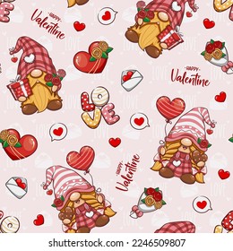 Seamless Pattern Valentine Day With Gnomes, Cute Love Cartoon Illustration