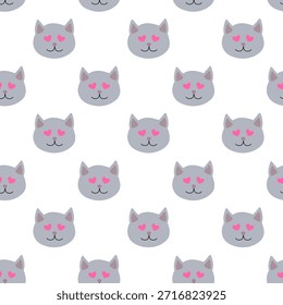 Patrón sin fisuras. Día de San Valentín Gris Cabeza de gato con ojos en forma de corazón. Ilustración plana de Vector.