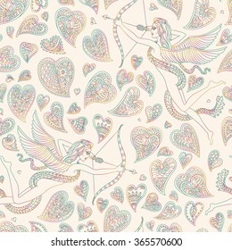 Seamless pattern. Valentine Day greeting card. Ornate hearts and Cupid angel silhouette. Hand drawn zen tangle thin line, beige background. Holiday wrapping paper. Fantastic batik paint