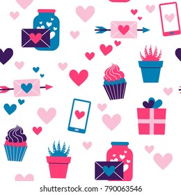 Seamless pattern of valentine day icons collection on white background. Set of flat illustrations with heart, gift, cupcake, flower, envelope. Modern colors vector design.