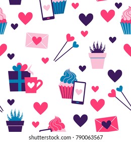 Seamless pattern of valentine day icons collection on white background. Set of flat illustrations with heart, gift, cupcake, flower, envelope. Modern colors vector design.