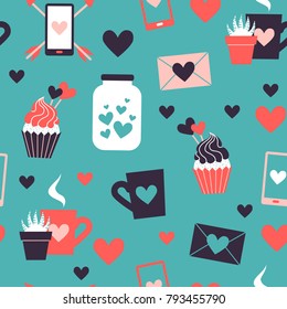 Seamless pattern of valentine day icons collection. Set of flat illustrations with heart, gift, cupcake, flower, envelope. Modern colors vector design.