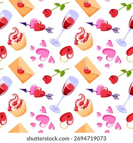 Seamless pattern with valentine day romantic element, heart, wine glass, cupcake, rose, envelope, arrow on white background in flat style.