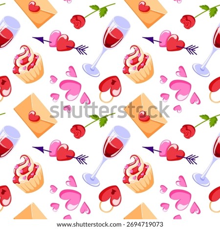 Seamless pattern with valentine day romantic element, heart, wine glass, cupcake, rose, envelope, arrow on white background in flat style.