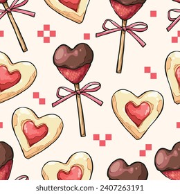 Seamless pattern of Valentine desserts, strawberry dipped chocolate and  heart jam cookies background, Pattern for design wallpaper, gift wrap paper and fashion prints.