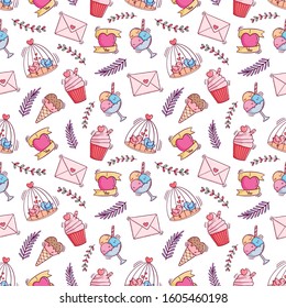 Seamless pattern of valentine doodle icons on white background