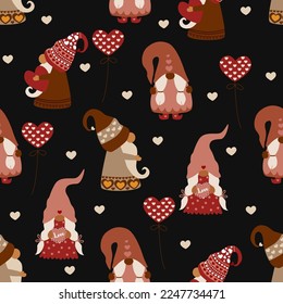 seamless pattern with valentine gnome on the black background