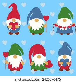 Seamless pattern with Valentine gnomes with white beards in blue, red and green colors on blue background with hearts. Could be used as illustration or background for Valentine’s day.  