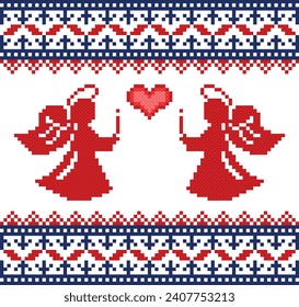 seamless pattern with valentine heart cupid goddess of love. pixel pattern. cross stitch