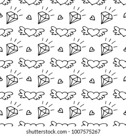 Seamless pattern with valentine hearts and diamonds, sketch drawing. Can be used for scrapbooking, wedding invitation, cards etc.