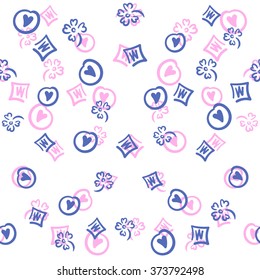 Seamless pattern with valentine hearts, flowers and rhombus.
