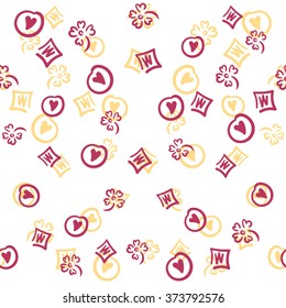 Seamless pattern with valentine hearts, flowers and rhombus.