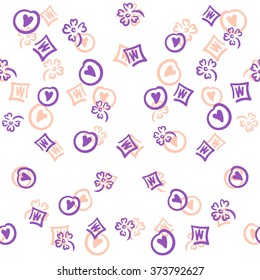 Seamless pattern with valentine hearts, flowers and rhombus.