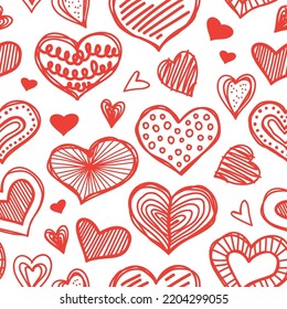 Seamless pattern with valentine hearts on white background, sketch drawing for your design. Romantic background. Vector illustration