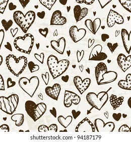 Seamless pattern with valentine hearts, sketch drawing for your design
