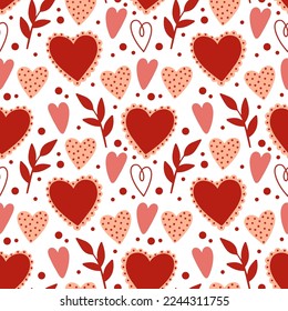 Patrón sin foco con corazones valentinos, fondo rojo vectorial, corazones doodle. Plantilla lista para el diseño, postales, imprenta, afiche, fiesta, día de San Valentín, textil, papel tapiz.