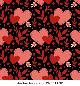 Patrón sin foco con corazones valentinos, fondo rojo vectorial, corazones doodle. Plantilla lista para el diseño, postales, imprenta, afiche, fiesta, día de San Valentín, textil, papel tapiz.