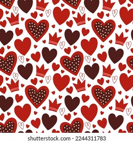Seamless pattern with valentine hearts, vector red background, doodle hearts. Ready template for design, postcards, print, poster, party, Valentine's day, textile, wallpaper.