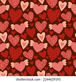 Seamless pattern with valentine hearts, vector red background, doodle hearts. Ready template for design, postcards, print, poster, party, Valentine's day, textile, wallpaper.