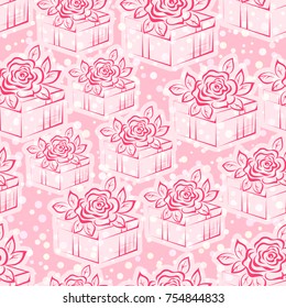 Seamless Pattern, Valentine Holiday Gift Boxes with Rose Flower, Red Contours on White and Pink Tile Background. Vector