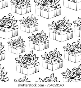 Seamless Pattern, Valentine Holiday Gift Boxes with Rose Flower, Black Contours Isolated on Tile White Background. Vector