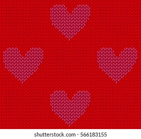 Seamless pattern of valentine knitted heart. Love symbol. Red heart background. Can be used for Valentines day. Vector illustration