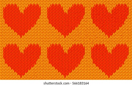 Seamless pattern of valentine knitted heart. Love symbol. Red heart on yellow background. Can be used for Valentines day. Vector illustration