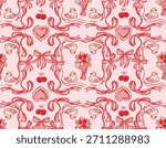 Seamless pattern Valentine Love Theme  Trendy Romantic  Sweet love bouquet and Bow background with Hand Brushed drawn  Style Design for fashion , fabric, textile, wallpaper , wrapping and all prints
