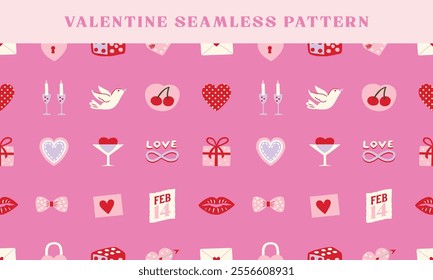 seamless pattern valentine playful whimsical doodle style icon symbol, perfect for valentine's day designs on pink background