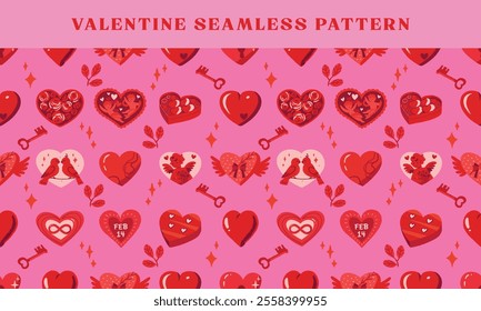 seamless pattern valentine playful whimsical doodle style heart symbol, perfect for valentine's day designs on pink background