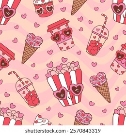 seamless pattern with valentine  popcorn, ice cream, cupcake, drink