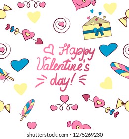 Seamless pattern of Valentine s day elements isolated on white background. Vector illustration. Heart, letter, arrow, candy, feather, lettering Happy Valentine s day