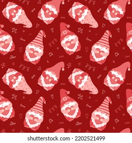 Seamless pattern with Valentine s Day cute cartoon gnomes holding hearts. Pink dwarfs characters and handwritten words. Color vector illustration on a red background.