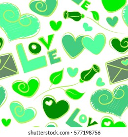 Seamless pattern Valentine vector background with hearts and love happy holiday. Love symbols in green colors on a white background. Vector illustration.