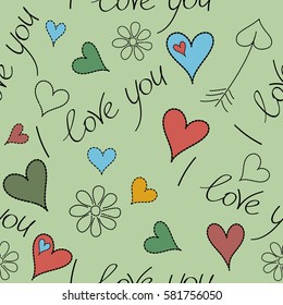 Seamless pattern Valentine vector background with hearts, chamomile flower and love happy holiday. Love symbols in green, pink and yellow colors. Vector illustration.