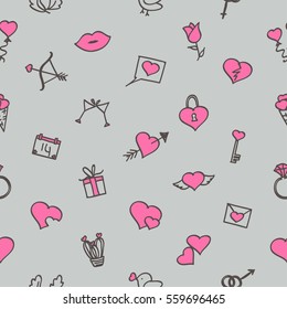 seamless pattern of valentine, wedding relationship flat elements. Vector illustration.