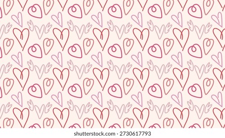 Nahtloses Muster, Valentinstag-Hintergrund mit Herzkonturen auf weißem Hintergrund. Minimalistisches und romantisches Doodle-Stil Valentinstag Geschenkpapier, Hochzeitspapier, romantische Textil-Prints, Stoffdesign und festliche digitale Hintergründe