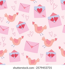 seamless pattern with valentine's day attributes. with love letters, hearts and birds with a heart in their beak