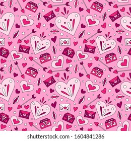 Seamless pattern for Valentine's Day. Background for wrapping paper, cards, greetings, press wall. Doodle style. Pink, raspberry and white colors