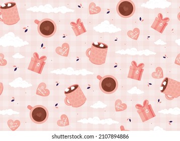 Seamless pattern for Valentine's day. 
Background for printing, packaging and textile. Ready template for design, postcards and poster. Pink and White. Vector illustration in flat design