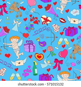 Seamless pattern for Valentine's day. Seamless background with simple hand-drawn icons on the theme of Valentine's day on a blue substrate