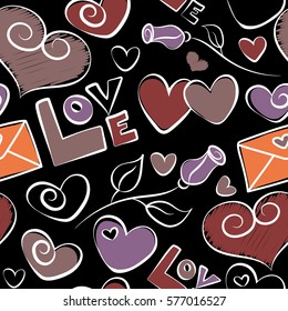 Seamless pattern Valentines day background in purple, orange and red colors. Vector abstract love elements contains of hearts, love text, letter. Hand drawing illustration on a blabk background.