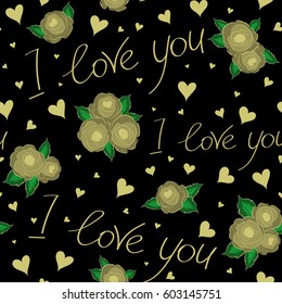 Seamless pattern Valentines day background in neutral colors. Vector abstract love elements contains of hearts, love text, rose flower, letter. Hand drawn on a black background.