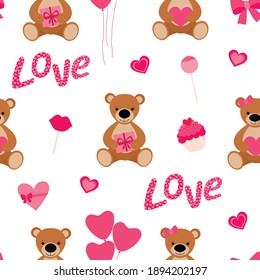 Seamless pattern Valentine's day Bears heart balloons gifts candy vector illustration