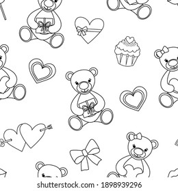 Seamless pattern Valentine's day Bears heart black and white colors vector illustration