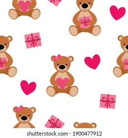 Seamless pattern Valentine's day Bears heart gifts vector illustration