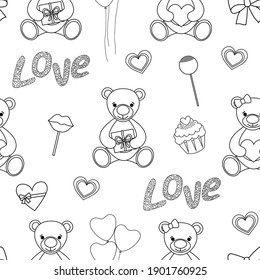 Seamless pattern Valentine's day Bears heart balloons gifts candy black and white colors vector illustration