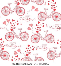 Seamless Pattern of Valentine's Day Bicycle with Happy Valentine's day wordings and Hearth Balloons- Valentine's Vector Design  