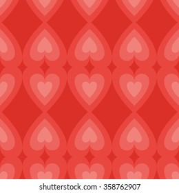 Seamless pattern Valentine's Day with big hearts up and head down the red light on a dark bright red background.