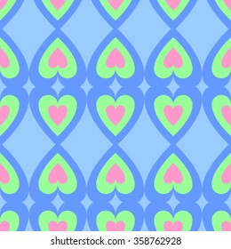 Seamless pattern Valentine's Day with big hearts up and down the pale green and pink hearts on a light blue background.